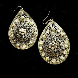Filigree Teardrop Earrings Rhinestone Large Hanging Silver Fishhook Lightweight